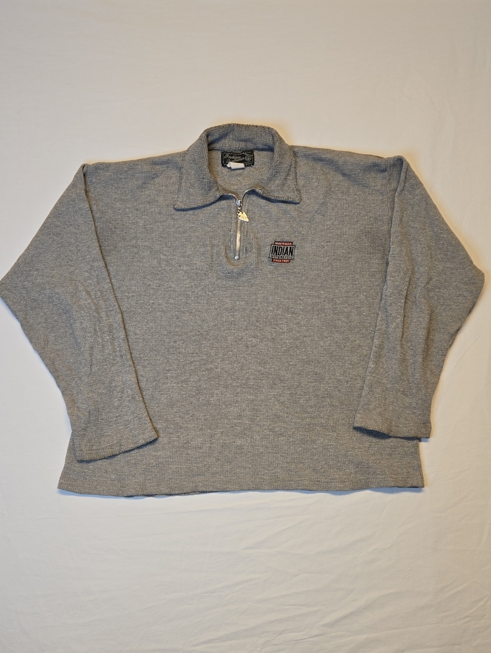 Indian Motorcycyles Gray 1/4 Zip Knit Long Sleeve Polo with Arrowhead Vintage
